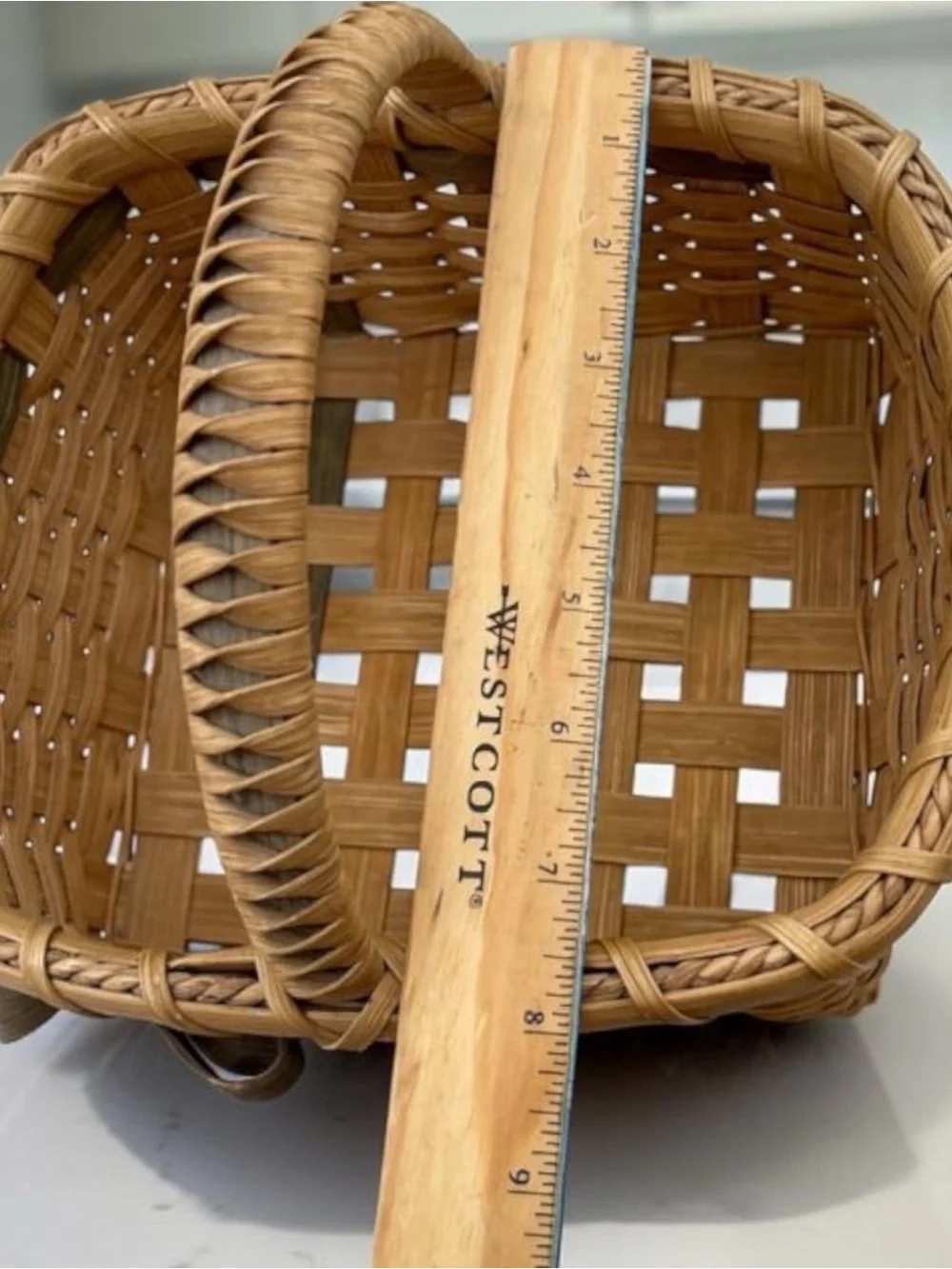Vintage Handwoven Wood Splint Gathering Basket with Fixed Handle & Bow Accent Sm